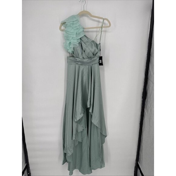 Mac Duggal Size 0 Sage Green Asymmetric Ruffled Satin High-Low Prom Gown Dress - Picture 4 of 10